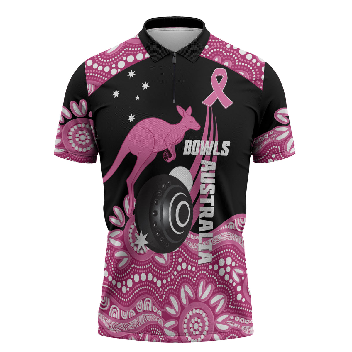 Bowls Australia Breast Cancer Custom Zipper Polo Shirt Think Pink Aboriginal Art
