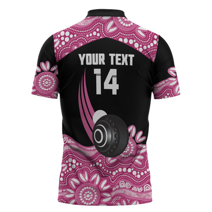 Bowls Australia Breast Cancer Custom Zipper Polo Shirt Think Pink Aboriginal Art