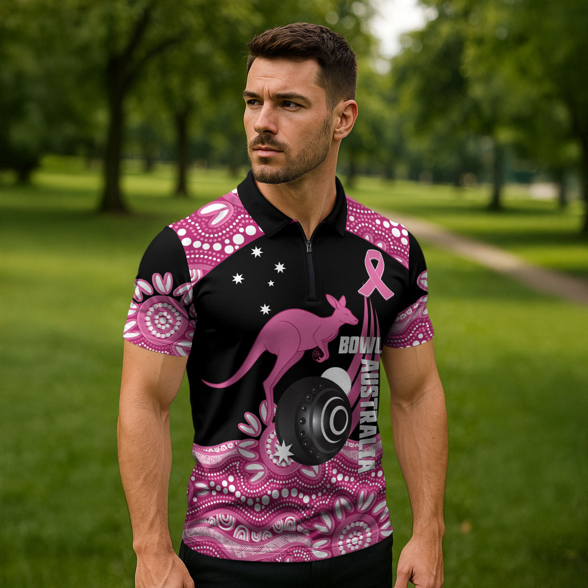 Bowls Australia Breast Cancer Custom Zipper Polo Shirt Think Pink Aboriginal Art