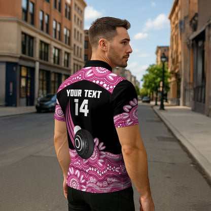 Bowls Australia Breast Cancer Custom Zipper Polo Shirt Think Pink Aboriginal Art