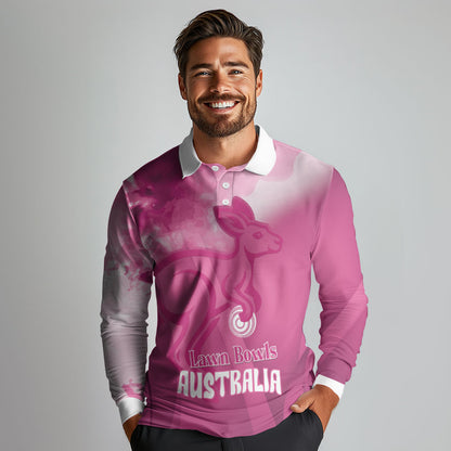 Bowls Australia Breast Cancer Personalised Long Sleeve Polo Shirt Aussie Kangaroo Marble Sporty