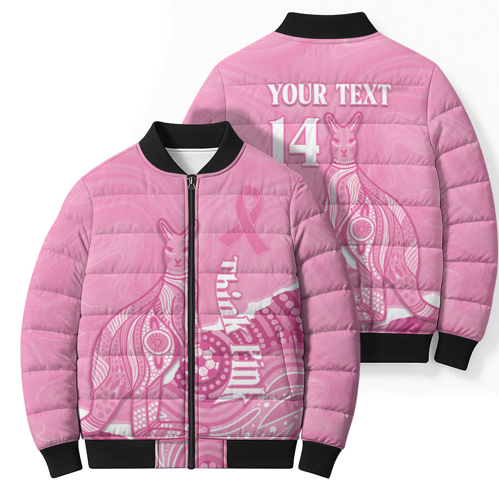 Australia Soccer Breast Cancer Custom Bomber Puffer Jacket Think Pink Aussie Opal Aboriginal Art