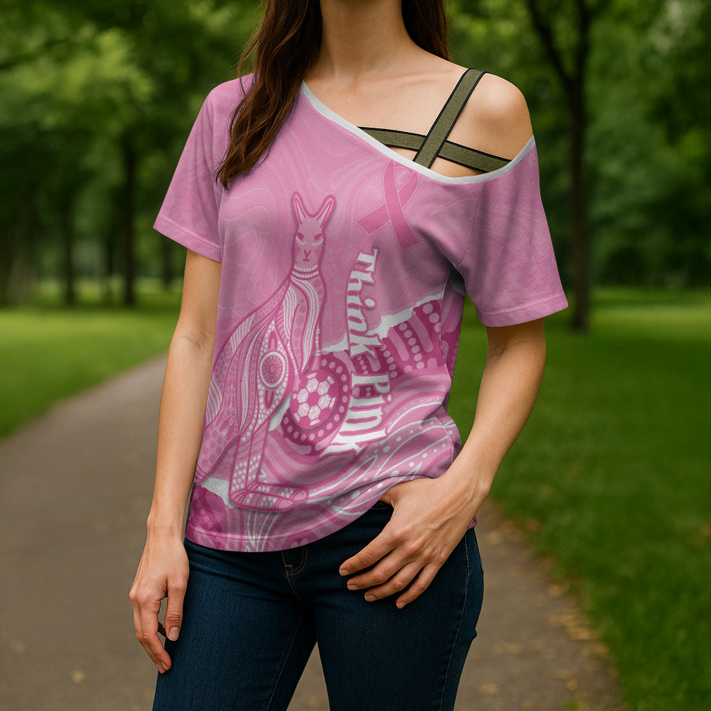 Australia Soccer Breast Cancer Custom Cross Shoulder Shirt Think Pink Aussie Opal Aboriginal Art