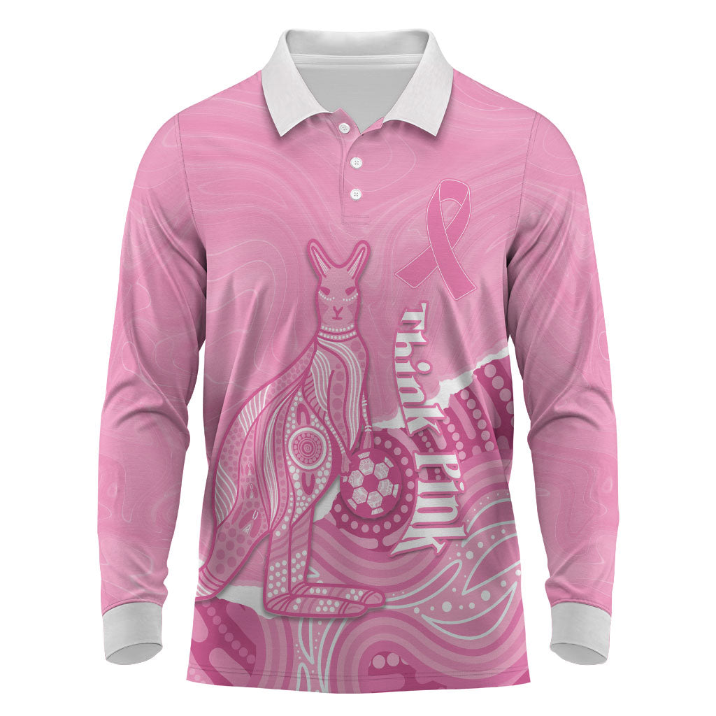 Australia Soccer Breast Cancer Custom Long Sleeve Polo Shirt Think Pink Aussie Opal Aboriginal Art