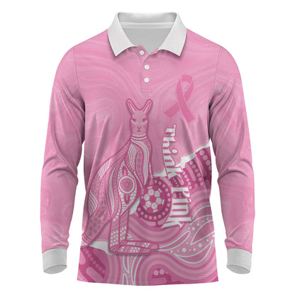 Australia Soccer Breast Cancer Custom Long Sleeve Polo Shirt Think Pink Aussie Opal Aboriginal Art