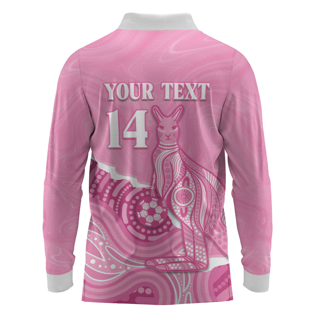 Australia Soccer Breast Cancer Custom Long Sleeve Polo Shirt Think Pink Aussie Opal Aboriginal Art