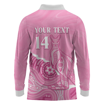 Australia Soccer Breast Cancer Custom Long Sleeve Polo Shirt Think Pink Aussie Opal Aboriginal Art