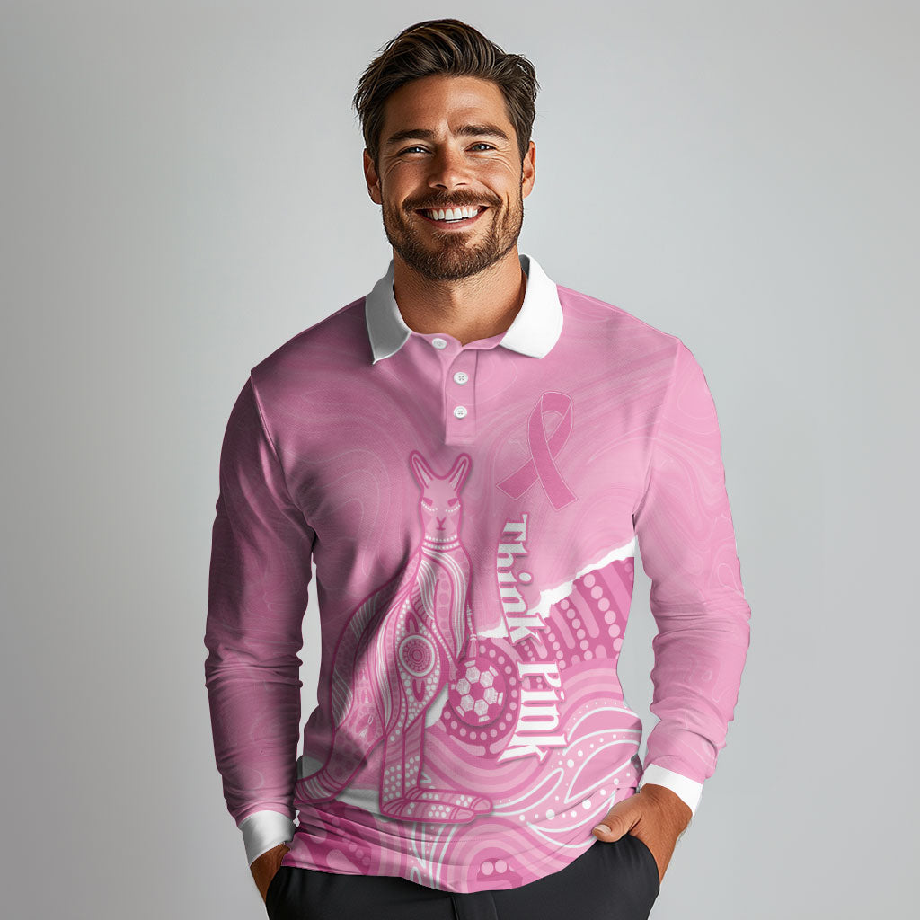 Australia Soccer Breast Cancer Custom Long Sleeve Polo Shirt Think Pink Aussie Opal Aboriginal Art