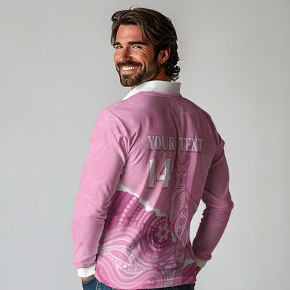Australia Soccer Breast Cancer Custom Long Sleeve Polo Shirt Think Pink Aussie Opal Aboriginal Art