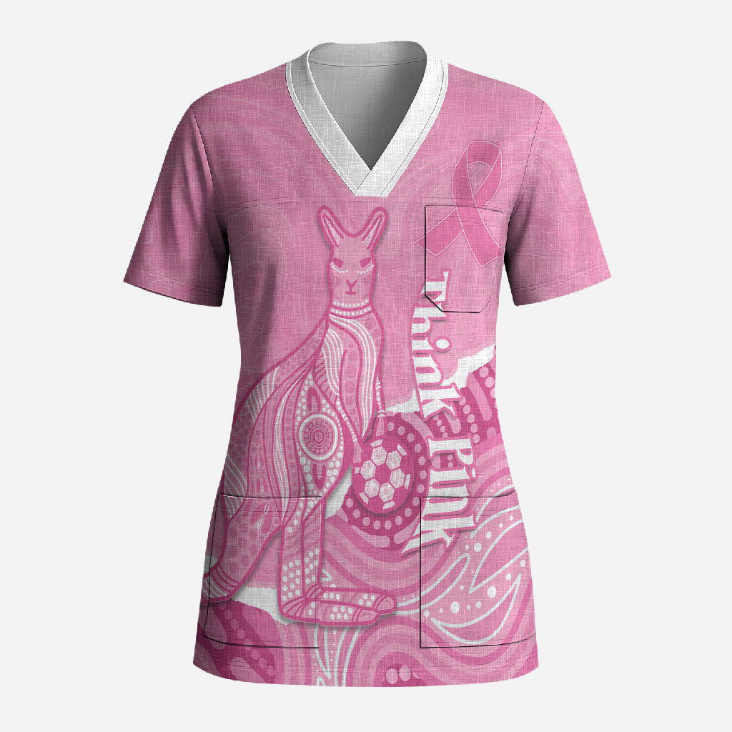 Australia Soccer Breast Cancer Custom Scrub Top Think Pink Aussie Opal Aboriginal Art