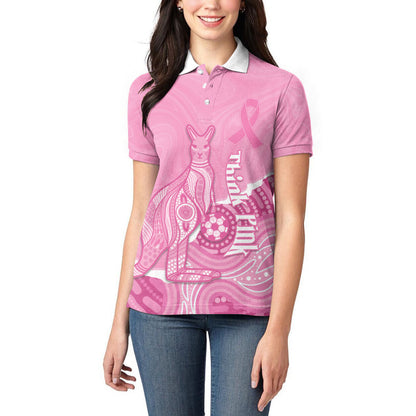 Australia Soccer Breast Cancer Custom Women Polo Shirt Think Pink Aussie Opal Aboriginal Art