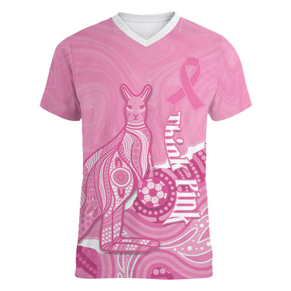 Australia Soccer Breast Cancer Custom Women V-Neck T-Shirt Think Pink Aussie Opal Aboriginal Art