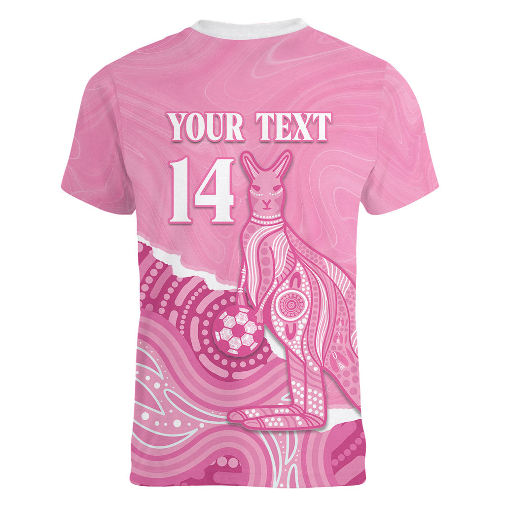Australia Soccer Breast Cancer Custom Women V-Neck T-Shirt Think Pink Aussie Opal Aboriginal Art