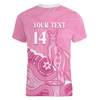 Australia Soccer Breast Cancer Custom Women V-Neck T-Shirt Think Pink Aussie Opal Aboriginal Art