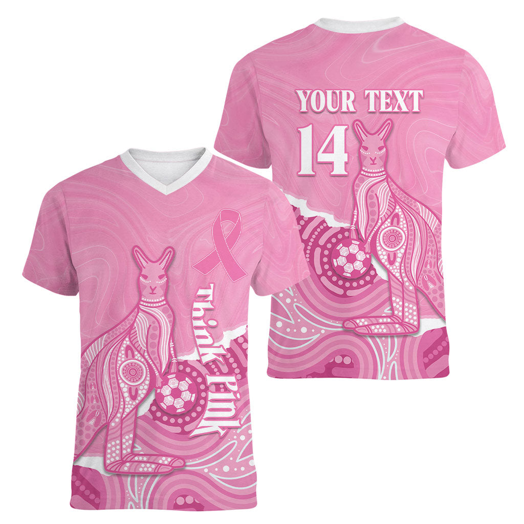 Australia Soccer Breast Cancer Custom Women V-Neck T-Shirt Think Pink Aussie Opal Aboriginal Art