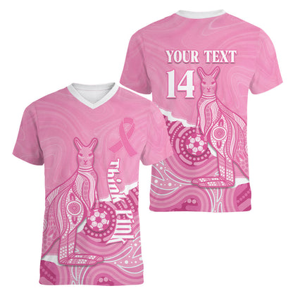 Australia Soccer Breast Cancer Custom Women V-Neck T-Shirt Think Pink Aussie Opal Aboriginal Art