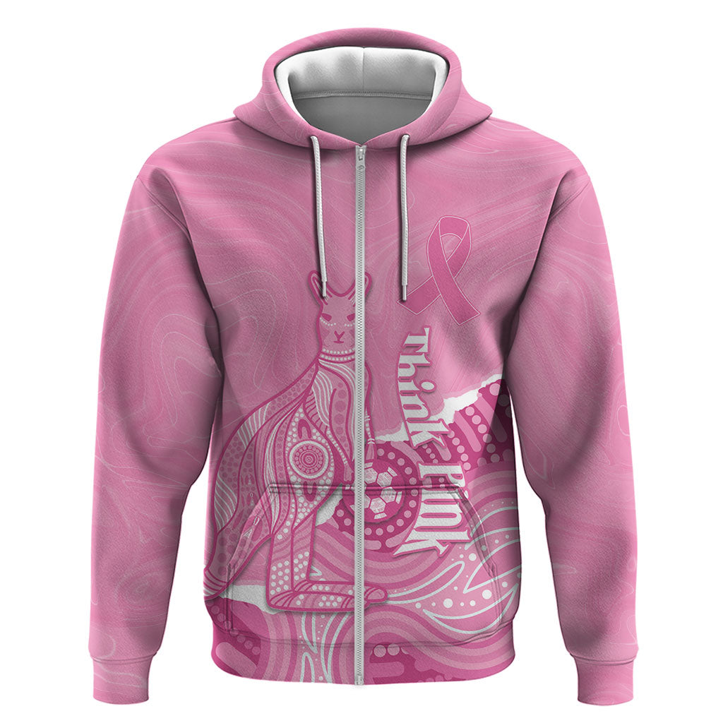 Australia Soccer Breast Cancer Custom Zip Hoodie Think Pink Aussie Opal Aboriginal Art