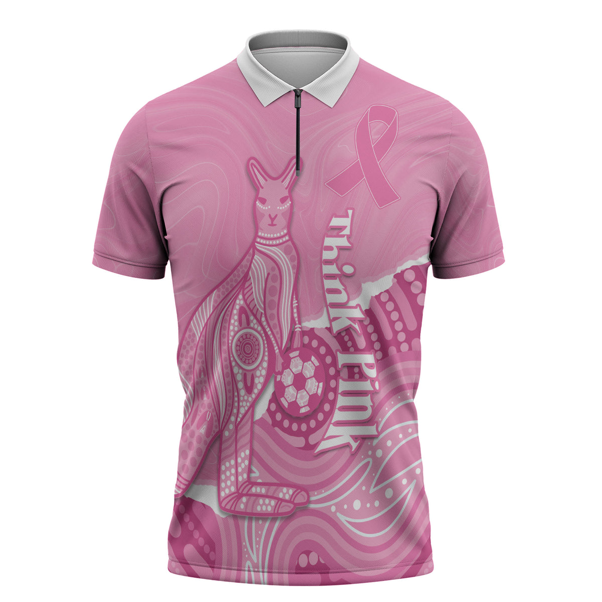 Australia Soccer Breast Cancer Custom Zipper Polo Shirt Think Pink Aussie Opal Aboriginal Art