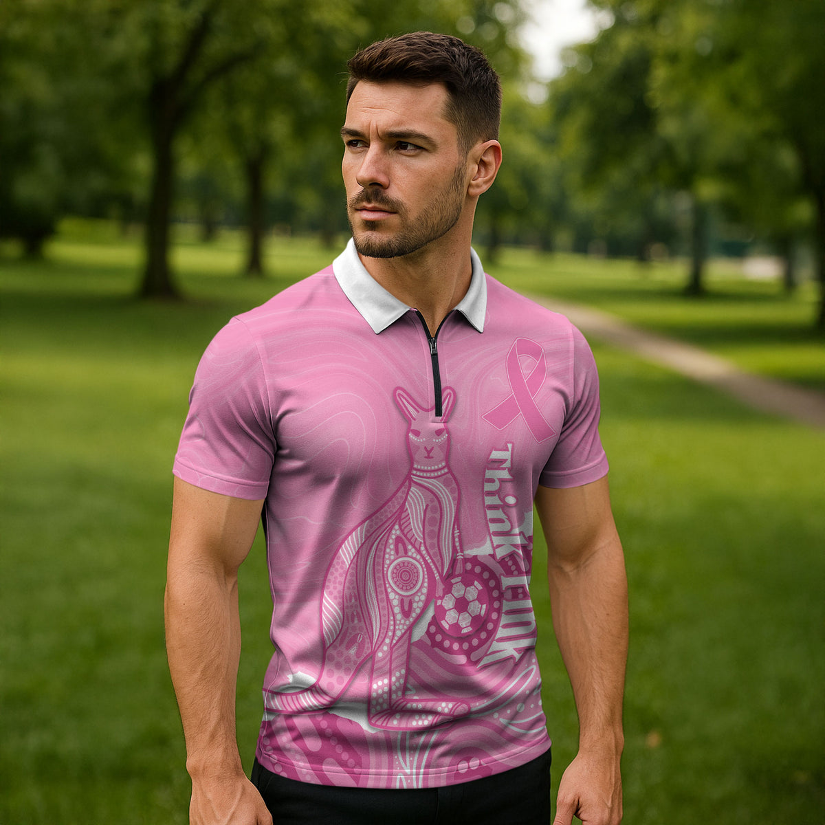 Australia Soccer Breast Cancer Custom Zipper Polo Shirt Think Pink Aussie Opal Aboriginal Art