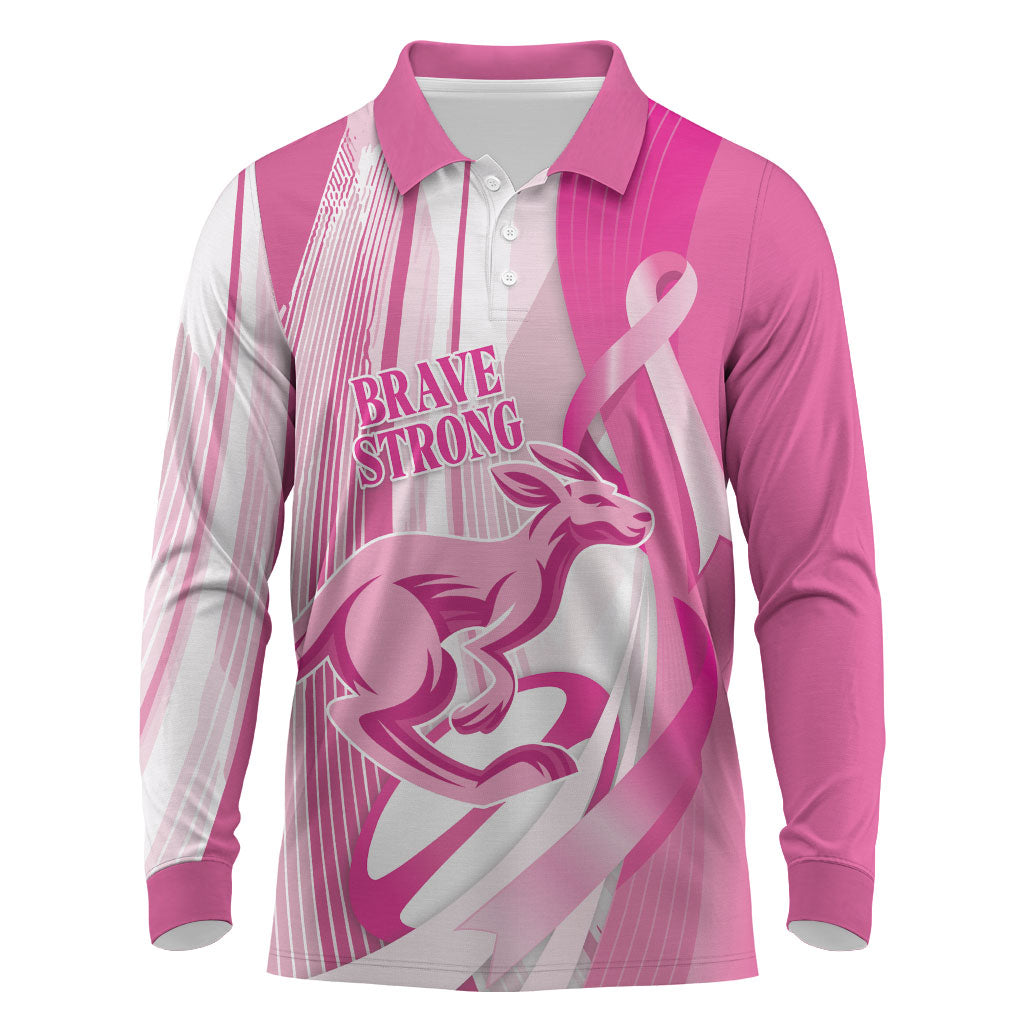 Australia Rugby Breast Cancer Personalised Long Sleeve Polo Shirt Brave Strong Pink Ribbon Sporty Style