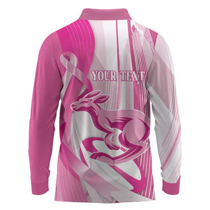 Australia Rugby Breast Cancer Personalised Long Sleeve Polo Shirt Brave Strong Pink Ribbon Sporty Style
