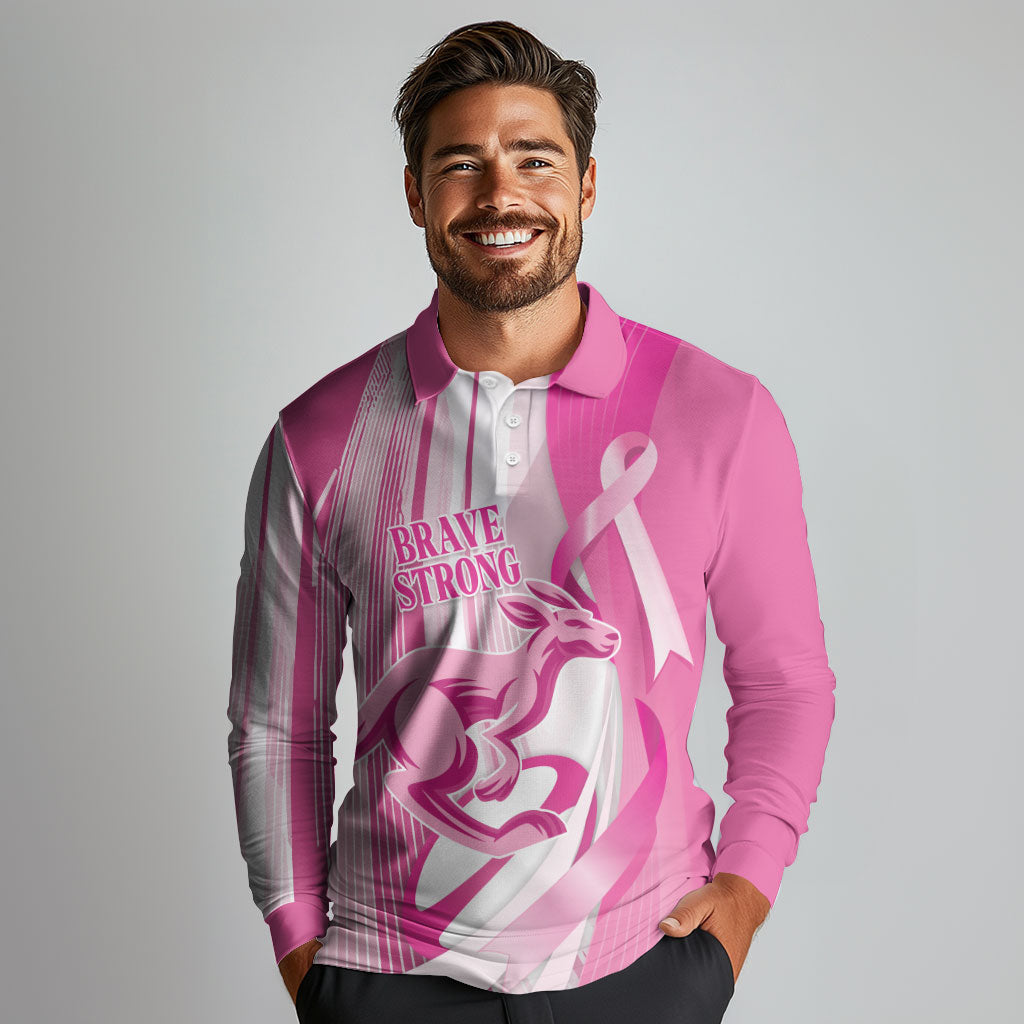 Australia Rugby Breast Cancer Personalised Long Sleeve Polo Shirt Brave Strong Pink Ribbon Sporty Style