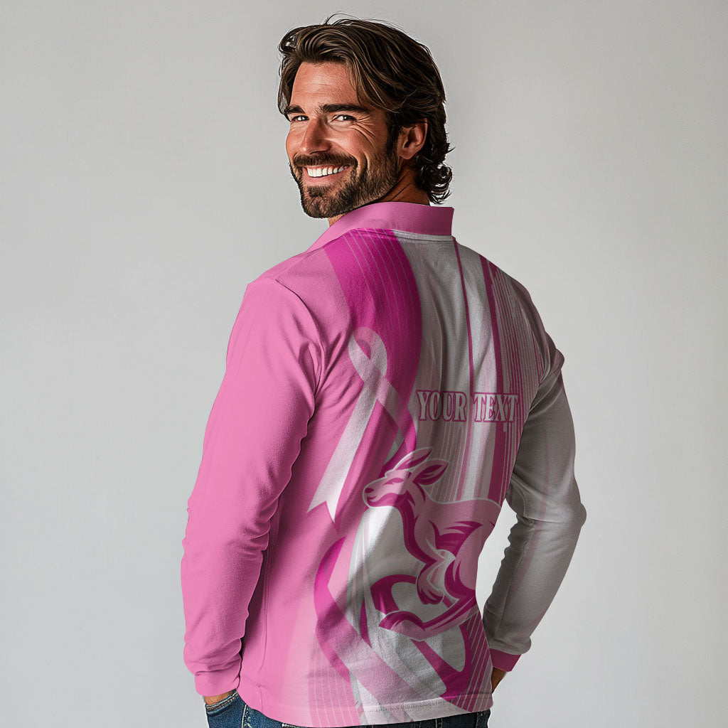 Australia Rugby Breast Cancer Personalised Long Sleeve Polo Shirt Brave Strong Pink Ribbon Sporty Style