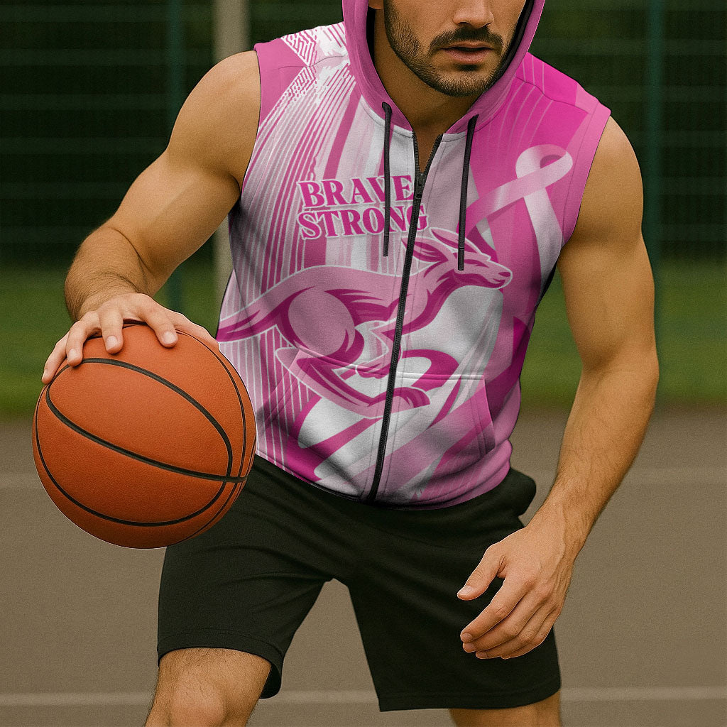 Australia Rugby Breast Cancer Personalised Sleeveless Zip Hoodie Brave Strong Pink Ribbon Sporty Style