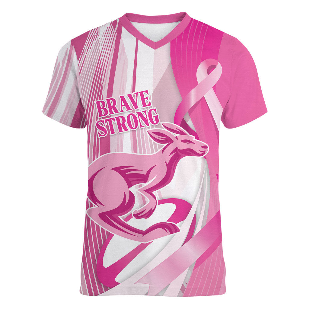 Australia Rugby Breast Cancer Personalised Women V-Neck T-Shirt Brave Strong Pink Ribbon Sporty Style