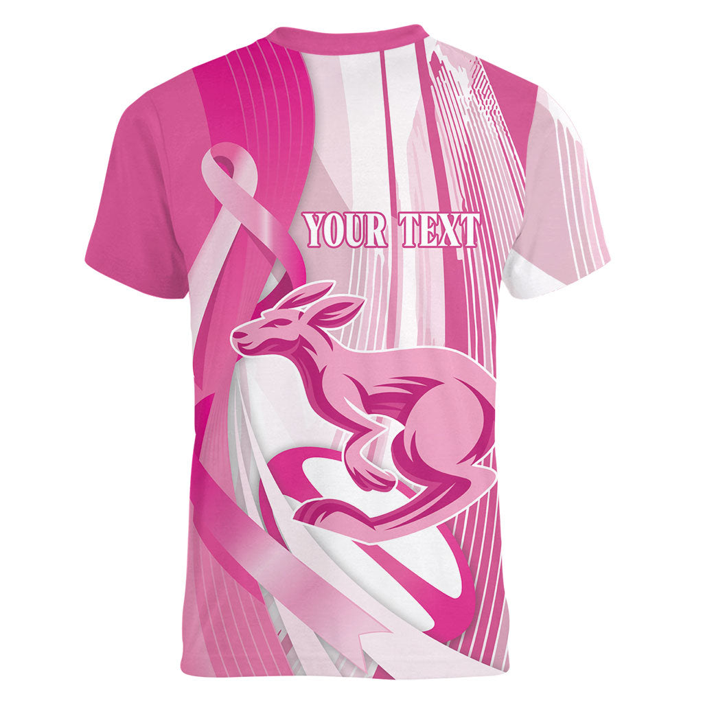 Australia Rugby Breast Cancer Personalised Women V-Neck T-Shirt Brave Strong Pink Ribbon Sporty Style