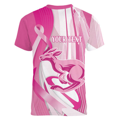 Australia Rugby Breast Cancer Personalised Women V-Neck T-Shirt Brave Strong Pink Ribbon Sporty Style