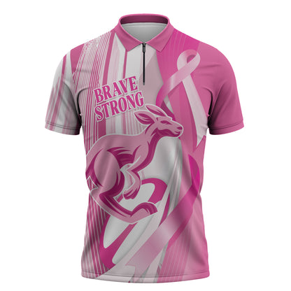 Australia Rugby Breast Cancer Personalised Zipper Polo Shirt Brave Strong Pink Ribbon Sporty Style