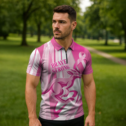 Australia Rugby Breast Cancer Personalised Zipper Polo Shirt Brave Strong Pink Ribbon Sporty Style