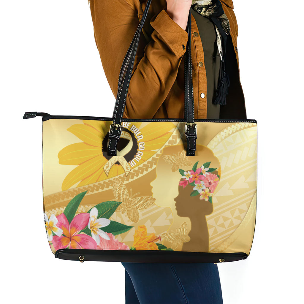 Polynesia Childhood Cancer Support Leather Tote Bag Be Bold Go Gold Polynesian Art