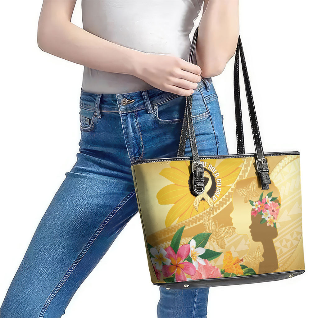 Polynesia Childhood Cancer Support Leather Tote Bag Be Bold Go Gold Polynesian Art