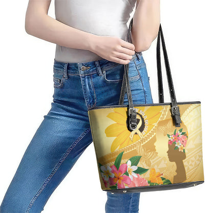 Polynesia Childhood Cancer Support Leather Tote Bag Be Bold Go Gold Polynesian Art