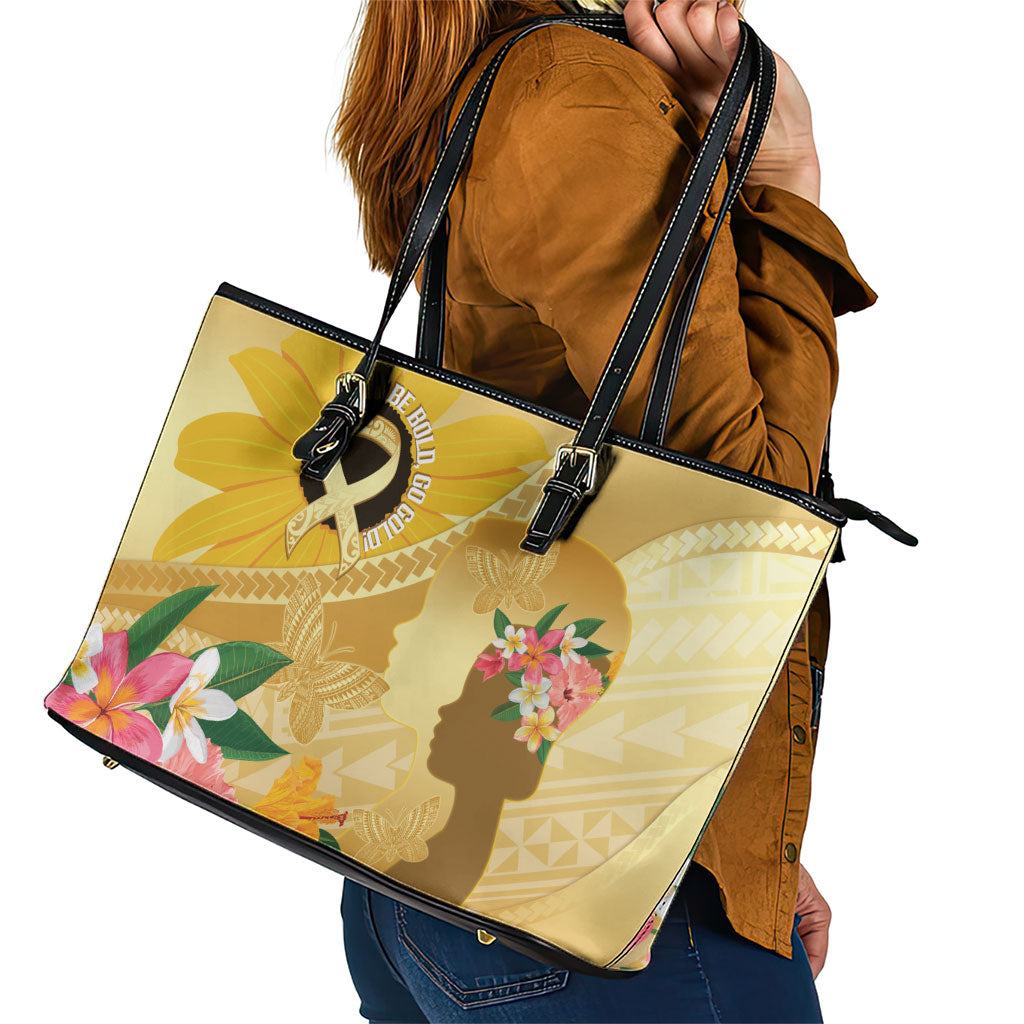 Polynesia Childhood Cancer Support Leather Tote Bag Be Bold Go Gold Polynesian Art
