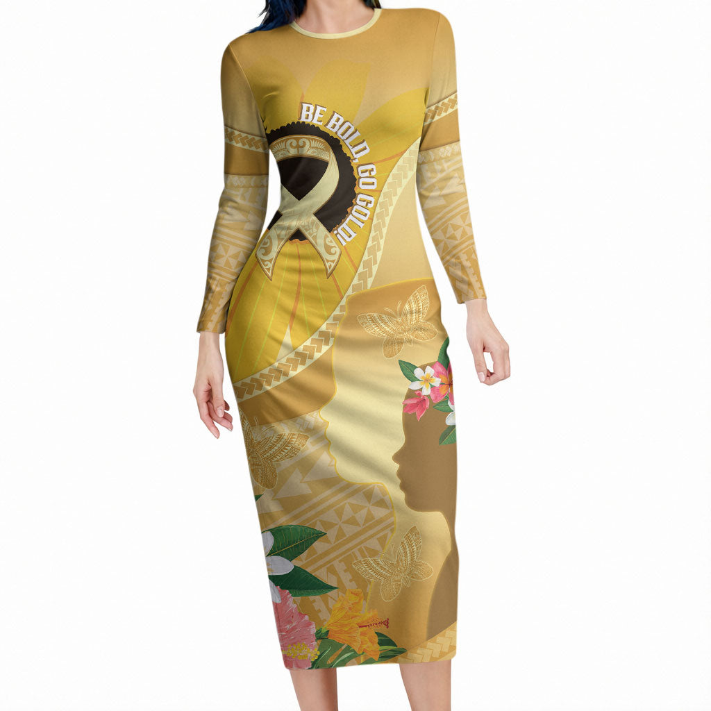 Polynesia Childhood Cancer Support Long Sleeve Bodycon Dress Be Bold Go Gold Polynesian Art
