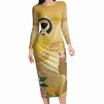 Polynesia Childhood Cancer Support Long Sleeve Bodycon Dress Be Bold Go Gold Polynesian Art