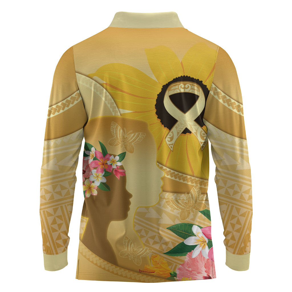 Polynesia Childhood Cancer Support Long Sleeve Polo Shirt Be Bold Go Gold Polynesian Art