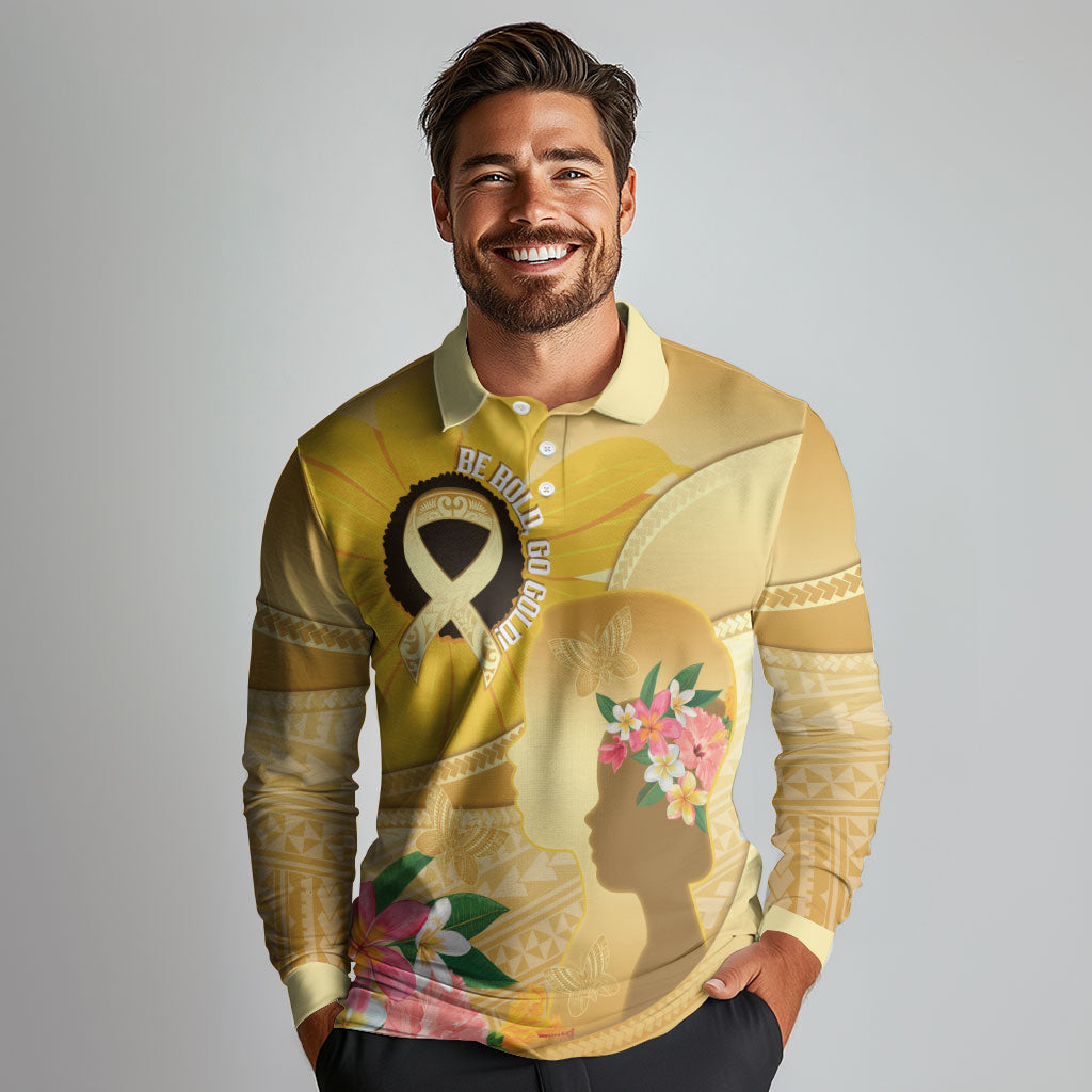 Polynesia Childhood Cancer Support Long Sleeve Polo Shirt Be Bold Go Gold Polynesian Art