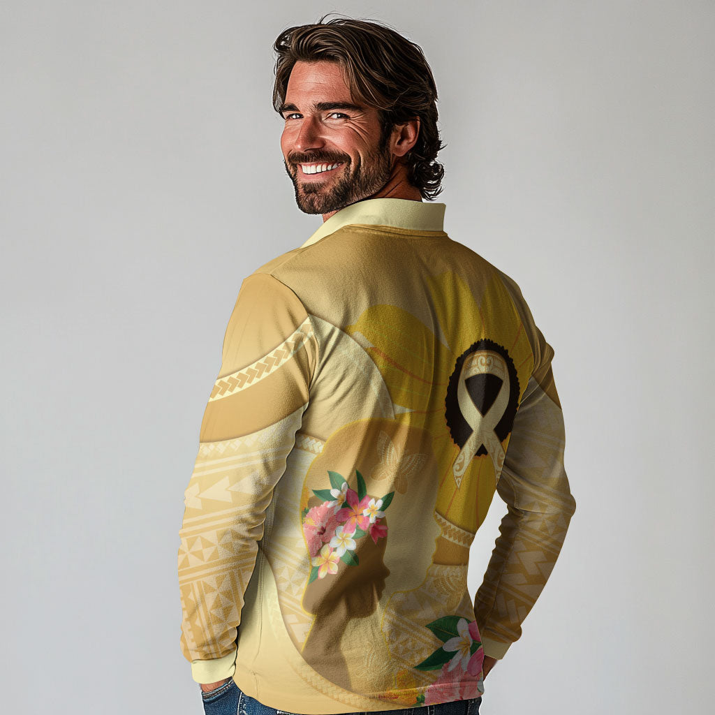 Polynesia Childhood Cancer Support Long Sleeve Polo Shirt Be Bold Go Gold Polynesian Art