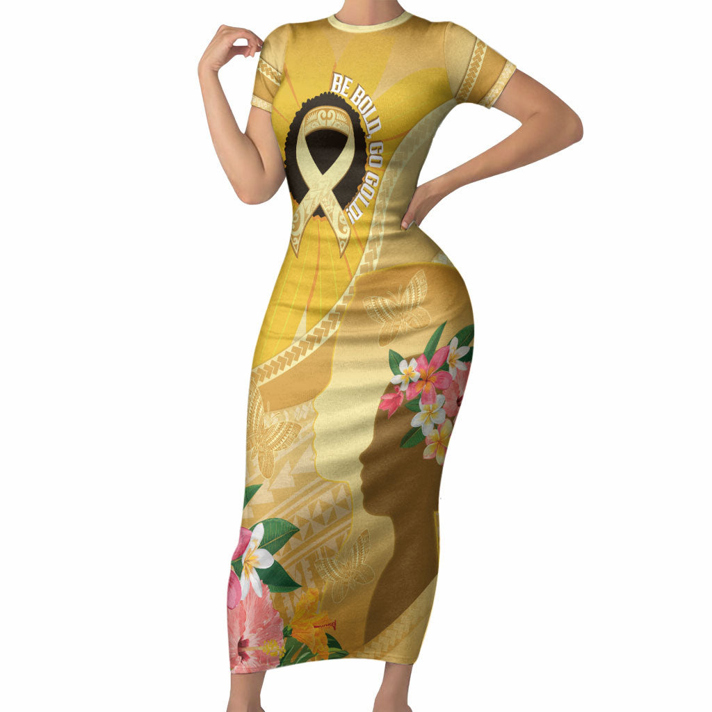 Polynesia Childhood Cancer Support Short Sleeve Bodycon Dress Be Bold Go Gold Polynesian Art