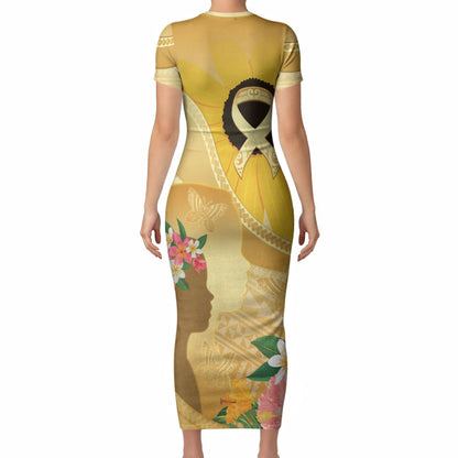 Polynesia Childhood Cancer Support Short Sleeve Bodycon Dress Be Bold Go Gold Polynesian Art