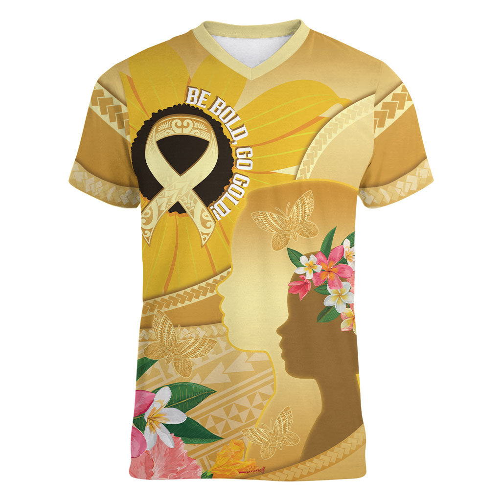 Polynesia Childhood Cancer Support Women V-Neck T-Shirt Be Bold Go Gold Polynesian Art