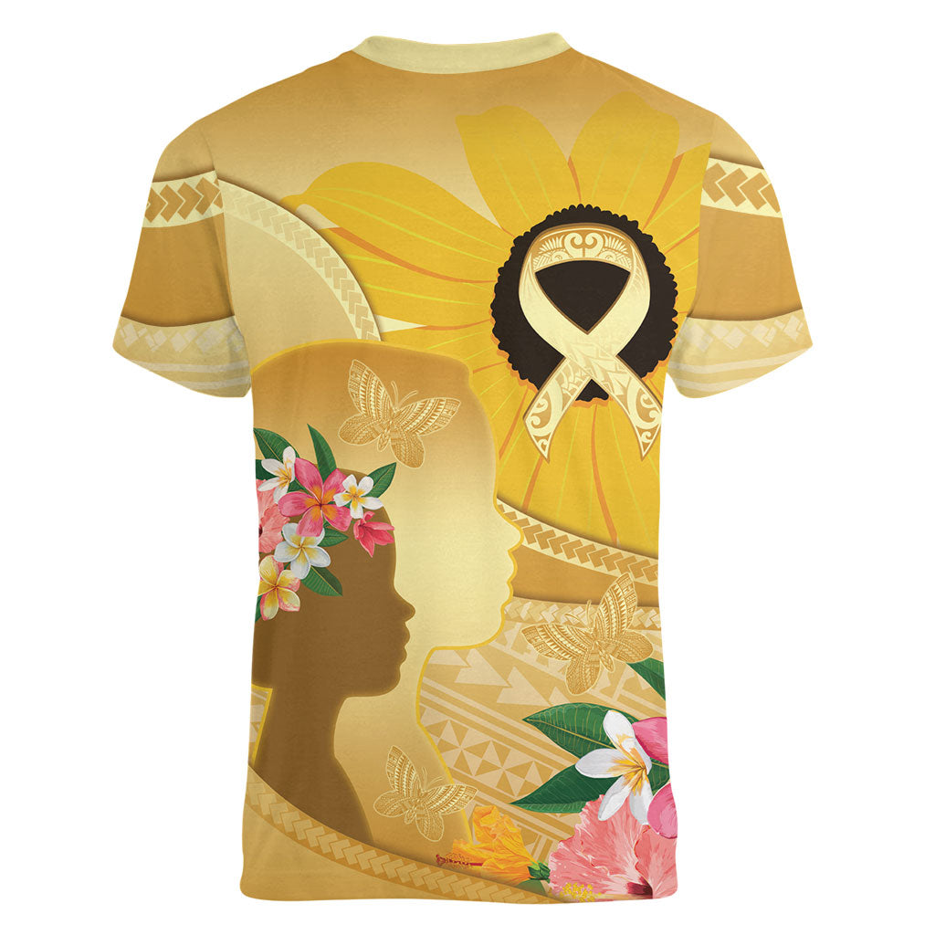 Polynesia Childhood Cancer Support Women V-Neck T-Shirt Be Bold Go Gold Polynesian Art