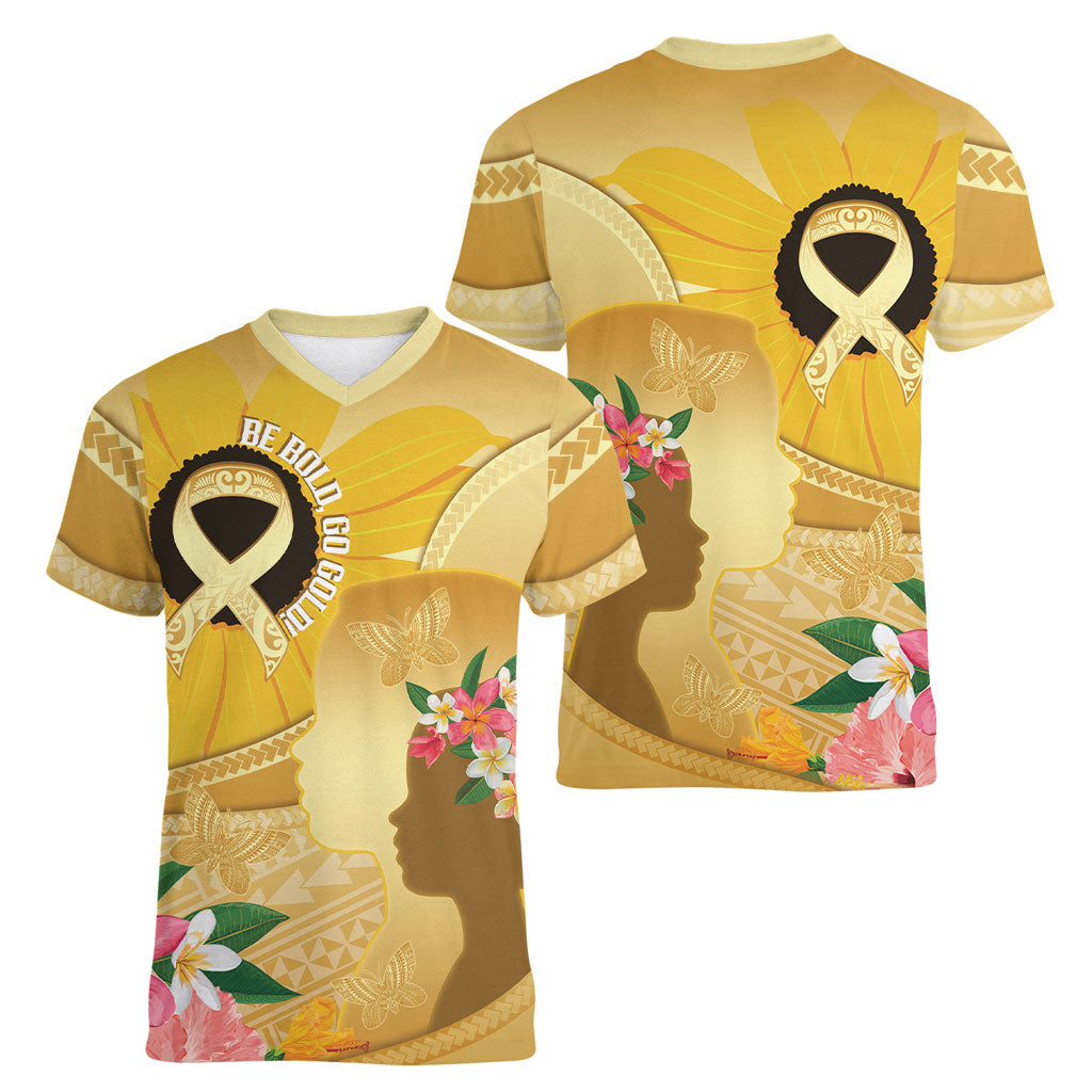 Polynesia Childhood Cancer Support Women V-Neck T-Shirt Be Bold Go Gold Polynesian Art