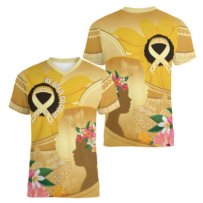 Polynesia Childhood Cancer Support Women V-Neck T-Shirt Be Bold Go Gold Polynesian Art