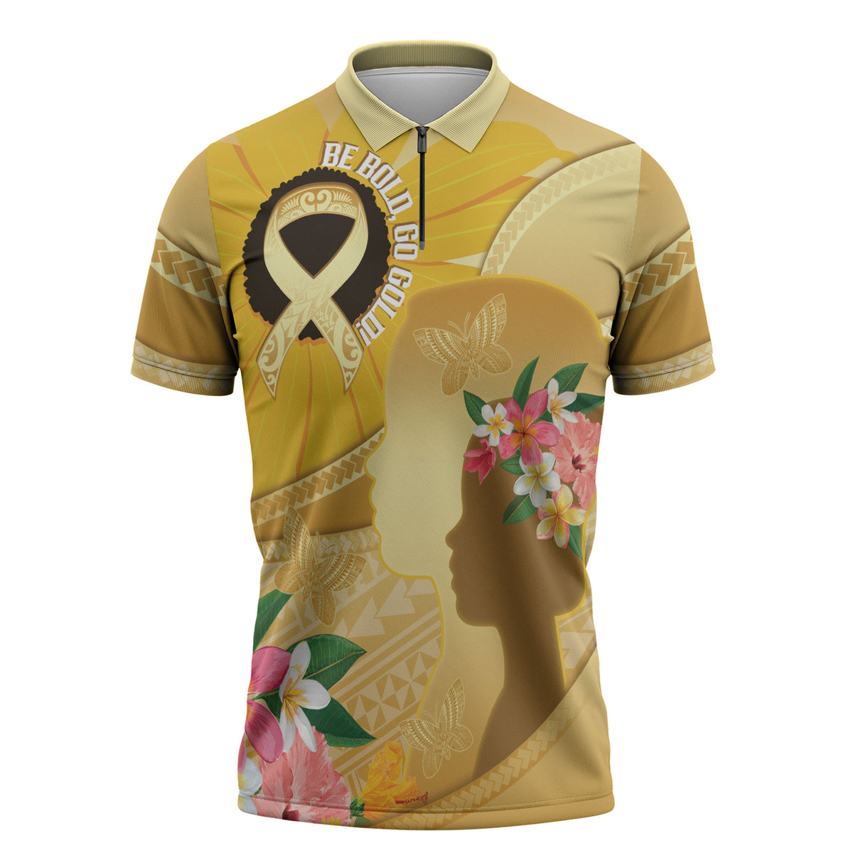 Polynesia Childhood Cancer Support Zipper Polo Shirt Be Bold Go Gold Polynesian Art