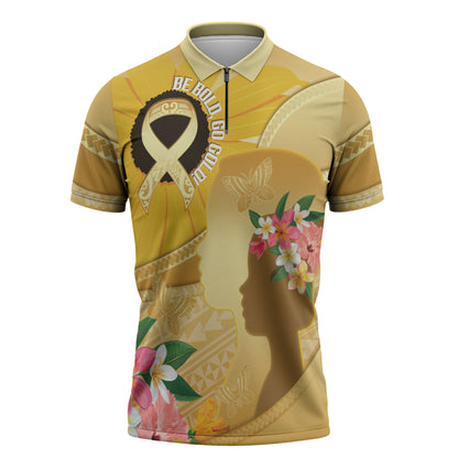 Polynesia Childhood Cancer Support Zipper Polo Shirt Be Bold Go Gold Polynesian Art